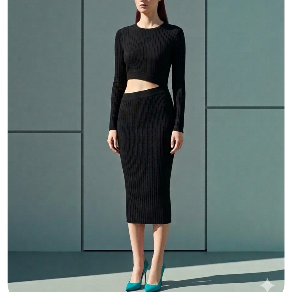 Windsor Black Ribbed Cutout Midi Skirt